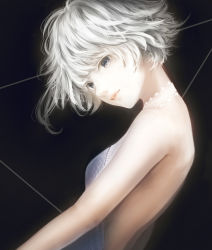 Rule 34 | 1girl, bare arms, bare back, black background, breasts, choker, dress, expressionless, eyelashes, from side, grey eyes, halterneck, looking at viewer, original, sakimori (hououbds), short hair, simple background, small breasts, solo, solo focus, standing, white hair