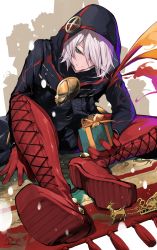 Rule 34 | 1boy, black coat, boots, box, coat, colored skin, cross-laced footwear, eyeshadow, fate/grand order, fate (series), feet, foreshortening, full body, gift, gift box, gloves, green eyes, hair over one eye, highres, hirai yuzuki, holding, holding gift, hood, hood up, karna (fate), karna (santa) (fate), lace-up boots, leaning forward, makeup, male focus, red footwear, red gloves, reindeer, short hair, sitting, solo, thigh boots, thighhighs, tsurime, white hair, white skin