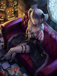 Rule 34 | 1girl, ambiguous red liquid, black choker, black footwear, blue hair, cabinet, checkered floor, choker, couch, cup, demon horns, drinking glass, fingernails, fur trim, halloween, high heels, horns, jack-o&#039;-lantern, crossed legs, light particles, light rays, long fingernails, looking at viewer, multicolored hair, nail polish, orange hair, original, parted lips, pumpkin, red nails, saikoro (et1312), sitting, smile, solo, table, thigh strap, very long fingernails, window, wine glass, yellow eyes