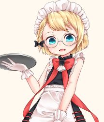 Rule 34 | aged down, blonde hair, blue eyes, g36 (girls&#039; frontline), g36 (mini maid) (girls&#039; frontline), girls&#039; frontline, glasses, highres, looking at viewer, maid headdress, official alternate costume, open mouth, ribbon, short hair, solo, tray