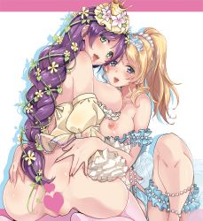Rule 34 | 2girls, ayase eli, blonde hair, blue eyes, braid, breasts, censored, couple, crown, flower, green eyes, hair ornament, heart, highres, large breasts, long hair, looking at viewer, love live!, love live! school idol festival, love live! school idol project, misu kasumi, multiple girls, nipples, open mouth, ponytail, purple hair, pussy, scrunchie, tongue, tojo nozomi, yuri