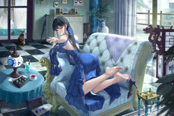 Rule 34 | 1girl, absurdres, armchair, ass, backless outfit, bare legs, bare shoulders, barefoot, bed, black hair, blue dress, blue eyes, blue footwear, blunt bangs, blush, book, breasts, chair, cleavage, closed mouth, couch, cup, curtains, detached sleeves, dress, feet, flower, food, hair ornament, hair ribbon, high heels, highres, holding, indoors, jewelry, lamp, large breasts, legs, long hair, looking at viewer, lying, medium breasts, on couch, original, pillow, plant, ponytail, potted plant, purple eyes, ribbon, shoes, single shoe, sitting, sleeveless, sleeveless dress, smile, soles, solo, table, tea, teacup, toes, tooku0, unworn footwear, unworn shoes, vase, very long hair, window