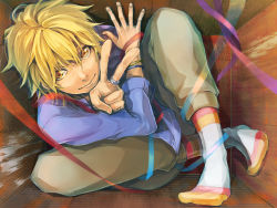 Rule 34 | 1boy, blonde hair, box, bracelet, cramped, face, in box, in container, jewelry, kurosawa tomo, male focus, original, ribbon, ring, smile, socks, solo, v, yellow eyes