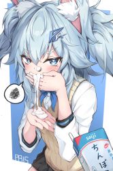 Rule 34 | 1girl, animal ear fluff, animal ears, black skirt, blue background, blue eyes, blue hair, blush, commentary request, covering own mouth, dress shirt, girls&#039; frontline, hair between eyes, hair ornament, heart, heart-shaped pupils, highres, ky (ky990533), long sleeves, looking at viewer, official alternate costume, pa-15 (girls&#039; frontline), pa-15 (high school thrills) (girls&#039; frontline), pleated skirt, sexually suggestive, shirt, signature, skirt, solo, spoken squiggle, squiggle, suggestive fluid, sweater vest, symbol-shaped pupils, two-tone background, two side up, white background, white shirt