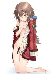 Rule 34 | 1girl, bare legs, barefoot, blush, breasts, brown hair, coat, covering privates, covering breasts, covering crotch, eiyuu densetsu, embarrassed, falcom, full body, green eyes, groin, hakuleg, kneeling, long sleeves, looking at viewer, naked coat, navel, off shoulder, partially undressed, ponytail, sen no kiseki, simple background, small breasts, solo, towa herschel, uniform, wavy mouth, white background