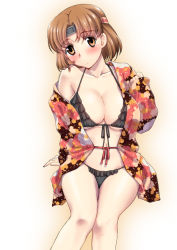 Rule 34 | 10s, 1girl, bikini, blush, breasts, brown eyes, brown hair, chiyoda (kancolle), cleavage, female focus, hairband, headband, kantai collection, large breasts, navel, open clothes, shimamoto harumi, short hair, sitting, solo, swimsuit