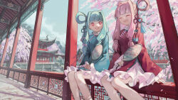 Rule 34 | 2girls, a.i. voice, absurdres, architecture, blue dress, blue hair, blue sky, blunt bangs, breasts, castle, cherry blossoms, china dress, chinese clothes, closed eyes, day, dress, east asian architecture, falling petals, feet out of frame, flower knot, frilled dress, frills, hair intakes, hair ornament, hand fan, highres, holding, holding fan, kotonoha akane, kotonoha aoi, kyo mizusawa, long hair, long sleeves, looking at another, low-tied sidelocks, medium breasts, multiple girls, on railing, open mouth, outdoors, petals, pillar, pink hair, railing, red dress, red eyes, siblings, single hair ring, sisters, sitting, sky, smile, tassel, tassel hair ornament, tree, voiceroid