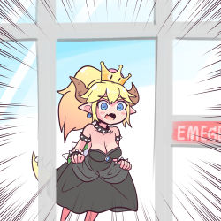 Rule 34 | 1girl, 1koma, absurdres, armlet, black dress, blonde hair, blue eyes, bowsette, bracelet, collar, comic, commentary, day, dress, emphasis lines, gimme2000, hair between eyes, highres, horns, jewelry, long hair, loss (meme), mario (series), meme, new super mario bros. u deluxe, nintendo, pointy ears, ponytail, spiked armlet, spiked bracelet, spiked collar, spikes, super crown
