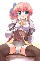 Rule 34 | 1girl, armor, belt, black belt, blue bow, blush, boobplate, bow, bow panties, breastplate, brown thighhighs, cameltoe, cape, closed mouth, clothes lift, commentary request, cross, emurin, feet out of frame, frown, gauntlets, hair between eyes, hair bow, lifting own clothes, looking at viewer, lord knight (ragnarok online), medium hair, miniskirt, panties, pauldrons, pink hair, ragnarok online, red cape, shoulder armor, side ponytail, sitting, skirt, skirt lift, solo, spiked gauntlets, spread legs, thighhighs, underwear, white panties, yellow skirt