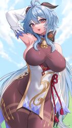 Rule 34 | 1girl, :d, absurdres, ahoge, arm up, armpits, bare shoulders, blue hair, blue sky, bodystocking, breasts, cloud, commentary, cowboy shot, day, detached sleeves, ganyu (genshin impact), genshin impact, high-waist skirt, highres, horns, large breasts, long hair, looking at viewer, nemuaki, open mouth, orange eyes, skirt, sky, smile, solo, standing, thighs, very long hair, white skirt