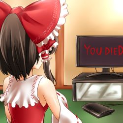 Rule 34 | 1girl, bad id, bad pixiv id, black hair, bow, detached sleeves, english text, female focus, from behind, game console, hair bow, hair ribbon, hakurei reimu, highres, japanese clothes, miko, parody, playing games, playstation 3, resident evil, ribbon, short hair, solo, television, touhou, yoshimo