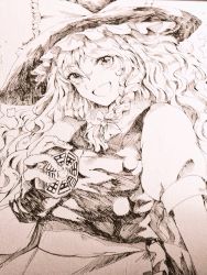 Rule 34 | 1girl, :d, bow, braid, curly hair, fingerless gloves, gloves, hair bow, hat, head tilt, holding, kirisame marisa, long hair, looking at viewer, mini-hakkero, monochrome, open mouth, puffy short sleeves, puffy sleeves, rosette (roze-ko), sepia, short sleeves, signature, sketch, smile, solo, star (symbol), touhou, traditional media, upper body, witch hat