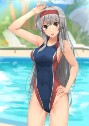 Rule 34 | 10s, 1girl, :d, alternate costume, armpits, arms up, bad id, bad pixiv id, blurry, brown eyes, competition swimsuit, cowboy shot, day, depth of field, hairband, hand on own hip, highleg, highleg swimsuit, highres, kantai collection, long hair, looking at viewer, one-piece swimsuit, open mouth, osananajimi neko, outdoors, pool, revision, shoukaku (kancolle), silver hair, smile, solo, swimsuit, water
