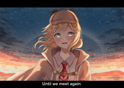 1girl absurdres bestrix blonde_hair blue_eyes brown_hat brown_jacket collared_shirt deerstalker hair_ornament hat highres hololive hololive_english jacket looking_at_viewer necktie open_mouth red_necktie shirt sky smile solo star_(sky) starry_sky tears twilight virtual_youtuber watson_amelia watson_amelia_(1st_costume) white_shirt