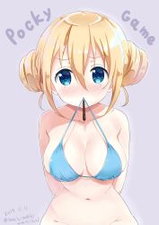 Rule 34 | 1girl, absurdres, arms behind back, bare shoulders, bikini, blend s, blonde hair, blue bikini, blue eyes, blush, bottomless, breasts, collarbone, commentary request, dated, double bun, english text, food, food in mouth, grey background, groin, hair between eyes, hair bun, halterneck, highres, hinata kaho, large breasts, long hair, looking at viewer, mouth hold, navel, neki (wakiko), nose blush, out-of-frame censoring, pocky, pocky day, sidelocks, simple background, solo, swimsuit, twitter username
