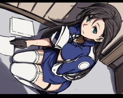 Rule 34 | 1girl, arizona (azur lane), azur lane, blue dress, breasts, brown hair, chain, dress, from side, garter straps, gloves, green eyes, half gloves, holding, indoors, large breasts, legband, letterboxed, long hair, nagioka, paper, parted lips, short dress, solo, squatting, thigh strap, thighhighs, white thighhighs