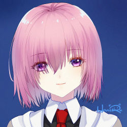 Rule 34 | 1girl, artist name, bad id, bad pixiv id, blue ribbon, closed mouth, eyes visible through hair, fate/grand order, fate (series), hair over one eye, haneru, lips, mash kyrielight, necktie, pink hair, portrait, purple eyes, ribbon, short hair, simple background, smile, solo, upper body