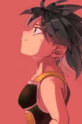 Rule 34 | 1girl, armor, arms at sides, bad id, bad twitter id, bare arms, bare shoulders, black eyes, black hair, breasts, commentary request, crying, crying with eyes open, dragon ball, dragon ball super, dragon ball super broly, floating hair, gine, haruma kuwano, highres, looking up, pink background, profile, shaded face, simple background, small breasts, smile, solo, standing, tears, upper body