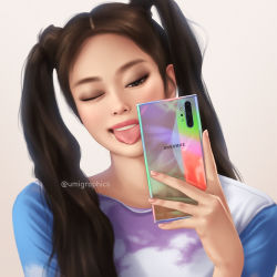 Rule 34 | 1girl, blackpink, brown eyes, brown hair, camera phone, facing viewer, jennie (blackpink), lips, long hair, one eye closed, portrait, reflection, solo, tongue, tongue out, twintails, umigraphics, white background