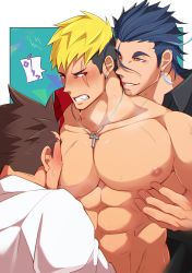 Rule 34 | 3boys, abs, assisted exposure, bara, bare pectorals, blonde hair, blue hair, blush, boy sandwich, brown hair, character request, cross, cross necklace, crow (siranui), dark blue hair, earrings, facial hair, feather earrings, feathers, group sex, highres, jewelry, large pectorals, licking nipple, male focus, mmm threesome, multicolored hair, multiple boys, muscular, muscular male, necklace, nipple stimulation, nipples, onogami tetsuya, open clothes, open shirt, pectorals, protagonist 3 (housamo), red eyes, red shirt, sandwiched, scar, scar across eye, scar on face, shirt, short hair, sideburns, smug, stomach, stubble, sucking male nipple, threesome, tokyo houkago summoners, two-tone hair, undercut, upper body, yaoi
