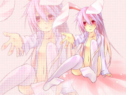 Rule 34 | 1girl, animal ears, azumikai, bad id, bad pixiv id, female focus, full body, long hair, open clothes, open shirt, purple hair, rabbit ears, red eyes, reisen udongein inaba, shirt, solo, thighhighs, touhou, white thighhighs, zoom layer