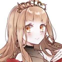 Rule 34 | 1girl, bare shoulders, blonde hair, close-up, closed mouth, crown, dress, earrings, hair between eyes, highres, jewelry, long hair, looking at viewer, portrait, red dress, red riding hood (sinoalice), rico tta, simple background, sinoalice, smile, solo, v-shaped eyebrows, white background, yellow eyes