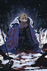 Rule 34 | 1boy, armor, black armor, blonde hair, blood, blood on clothes, blood on face, blue cape, blue eyes, breastplate, breath, cape, commentary request, corpse, dimitri alexandre blaiddyd, eyepatch, fire emblem, fire emblem: three houses, fur-trimmed cape, fur trim, hair between eyes, highres, horu97, looking at viewer, male focus, nintendo, one eye covered, outdoors, polearm, sad, short hair, snow, snowing, solo, spear, weapon