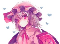 Rule 34 | 1girl, bat wings, blood, blood bag, blush, bow, bowtie, dress, frilled shirt collar, frills, hat, hat ribbon, heart, heart background, light purple hair, looking at viewer, mob cap, nazuka (mikkamisaki), out of frame, pink dress, pov, pov hands, puffy short sleeves, puffy sleeves, red eyes, red ribbon, remilia scarlet, ribbon, short sleeves, solo focus, sweat, touhou, upper body, wings