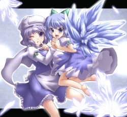 Rule 34 | 2girls, barefoot, bell, blue eyes, blue hair, bow, cirno, flower, hair bow, hat, holding hands, ice, letterboxed, letty whiterock, light purple hair, multiple girls, one eye closed, purple eyes, short hair, touhou, wings, wink, yoshi tama