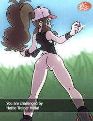 Rule 34 | 1girl, 2020, armpits, ass, back, bad id, bad twitter id, bare shoulders, black socks, blue eyes, boots, bottomless, breasts, brown hair, cleft of venus, creatures (company), english text, eye contact, eyelashes, game freak, gameplay mechanics, grass, hat, highres, hilda (pokemon), irregular fetishes, long hair, looking at another, looking at viewer, looking back, medium breasts, nintendo, no panties, outdoors, poke ball, pokemon, pokemon battle, pokemon bw, ponytail, pussy, shirt, shoes, socks, standing, sweatband, text box, thighs, vest, watch, watermark, wide hips