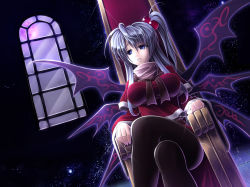 Rule 34 | 1girl, black pantyhose, blue eyes, breasts, crossed legs, female focus, impossible clothes, koto tsubane, large breasts, long hair, multiple wings, mystic square, pantyhose, shinki (touhou), side ponytail, silver hair, sitting, solo, throne, touhou, touhou (pc-98), wings