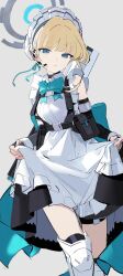 Rule 34 | 1girl, absurdres, apron, bare shoulders, blonde hair, blue archive, blue bow, blue eyes, blue halo, bow, halo, headset, highres, looking at viewer, maid apron, maid headdress, thighs, toki (blue archive), yukuso (dabiandang)