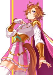 Rule 34 | 1girl, absurdres, animal ears, blush, cape, commentary request, cowboy shot, crown, hair between eyes, hand on own chest, highres, horse ears, horse girl, horse tail, jewelry, looking at viewer, mini crown, orange hair, orange tail, pink background, pink cape, purple eyes, ring, senchan 7, short hair, simple background, smile, solo, t.m. opera o (umamusume), tail, thighhighs, twitter username, two-tone background, umamusume, white background, white thighhighs