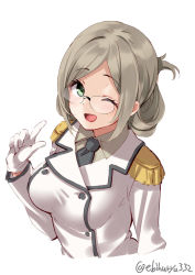 Rule 34 | 1girl, black necktie, blush, breasts, brown hair, brown shirt, buttons, collared shirt, double-breasted, ebifurya, epaulettes, folded ponytail, glasses, gloves, green eyes, hair between eyes, highres, imperial japanese navy, jacket, kantai collection, katori (kancolle), light brown hair, long hair, looking at viewer, medium breasts, military, military uniform, necktie, one eye closed, open mouth, semi-rimless eyewear, shirt, simple background, smile, solo, twitter username, under-rim eyewear, uniform, upper body, white background, white gloves