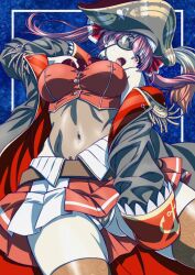 Rule 34 | 1girl, ascot, bicorne, blush, breasts, choker, cleft of venus, coat, coin, covered navel, cowboy shot, cropped jacket, eyepatch, frilled choker, frills, gold coin, hat, heterochromia, highres, hololive, houshou marine, houshou marine (1st costume), jacket, large breasts, leather belt, leotard, leotard under clothes, long sleeves, looking at viewer, micro panties, navel, o-ring, o-ring thigh strap, open mouth, panties, pantyshot, pirate, pirate hat, red ascot, red hair, red jacket, see-through, see-through leotard, sleeveless, sleeveless jacket, solo, thigh strap, thighhighs, twintails, two-sided coat, two-sided fabric, two-tone skirt, underwear, virtual youtuber, watanabe yoshihiro