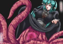Rule 34 | clothes lift, dress, dress lift, dutch angle, green eyes, green hair, monster girl, naglfar sakura, open mouth, pointy ears, pussy, see-through, simple background, smile, spread pussy, tentacles, translation request, uncensored