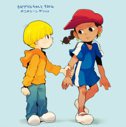 Rule 34 | 1boy, 1girl, arm grab, black hair, blonde hair, blue background, bowl cut, braid, cartoon network, child, clenched hand, codename: kids next door, dark skin, earrings, eye contact, frown, hat, hood, hoodie, jewelry, looking at another, numbuh 4, numbuh 5, standing, t k g, translation request