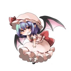 Rule 34 | 1girl, ascot, bat wings, blush, brooch, chibi, fang, frilled shirt, frilled sleeves, frills, full body, hat, hat ribbon, highres, jewelry, light purple hair, looking at viewer, mob cap, parted lips, pink shirt, pink skirt, ponta (wwtaimeww), red eyes, red ribbon, remilia scarlet, ribbon, shirt, short hair, skirt, skirt set, smile, solo, touhou, transparent background, wings
