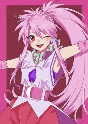 Rule 34 | 1girl, absurdres, arche klein, belt, bracelet, broom, earrings, elbow gloves, full body, gloves, highres, jewelry, long hair, open mouth, outside border, pants, pink eyes, pink hair, pink pants, ponytail, smile, solo, tales of (series), tales of phantasia, thank you, wide ponytail