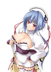 Rule 34 | 00s, 1girl, blue hair, blush, breasts, chouun, cleavage, female focus, hand on own hip, hat, hip focus, koihime musou, large breasts, long hair, naughty face, no bra, ponytail, red eyes, ribbon, sideboob, simple background, smile, soba (saz), solo, thighhighs, turtleneck, white background, zettai ryouiki