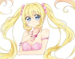 Rule 34 | 1girl, blonde hair, blue eyes, bra, flower, hair between eyes, hair flower, hair ornament, highres, jewelry, long hair, looking at viewer, mermaid, mermaid melody pichi pichi pitch, monster girl, nanami lucia, necklace, pink bra, ponytail, shell, shell necklace, smiley face, underwear