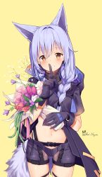 Rule 34 | 1girl, animal ears, arknights, bouquet, braid, brown eyes, commentary, cowboy shot, flower, gloves, grin, hair between eyes, hand up, highres, holding, holding bouquet, index finger raised, kuri (animejpholic), long hair, looking at viewer, midriff, navel, provence (arknights), purple flower, purple gloves, purple hair, purple shorts, short shorts, short sleeves, shorts, simple background, single braid, smile, solo, standing, stomach, tail, wolf ears, wolf tail, yellow background