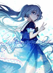 Rule 34 | absurdres, blue dress, blue eyes, blue hair, blue sky, blush, cloud, cloudy sky, cursive, dress, feet out of frame, hair ornament, hairpin, hatsune miku, highres, kika, long hair, looking at viewer, print dress, project sekai, sailor collar, shards, short sleeves, sky, smile, standing, twintails, v, vocaloid, white background, white sailor collar