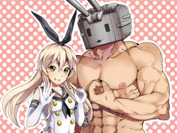 Rule 34 | 10s, 1boy, 1girl, :d, abs, anchor hair ornament, blonde hair, blush, breasts, buttons, elbow gloves, gloves, grin, hair ornament, kantai collection, long hair, looking at viewer, machinery, manly, muscular, nipples, object head, open mouth, parabora (nipplemokuba), personification, rensouhou-chan, robot, school uniform, serafuku, shimakaze (kancolle), shirt, sleeveless, sleeveless shirt, small breasts, smile, teeth, turret, upper body, veins, very long hair, white gloves, white shirt, yellow eyes