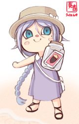 Rule 34 | 1girl, acorn, alternate costume, artist logo, blue eyes, blush stickers, braid, card, commentary request, dated, animal crossing, dress, full body, hat, jar, kanon (kurogane knights), kantai collection, long hair, looking at viewer, mole, mole under eye, nintendo, parody, purple dress, silver hair, simple background, single braid, sleeveless, sleeveless dress, smile, solo, standing, style parody, umikaze (kancolle), very long hair, white background