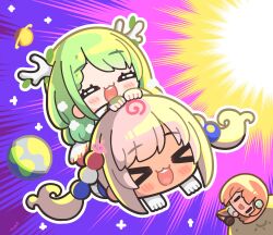 &gt;_&lt; :d blonde_hair blush blush_stickers ceres_fauna earth_(planet) green_hair hair_ornament highres hololive hololive_english horns hug huusri limiter_(tsukumo_sana) long_hair medium_hair monocle open_mouth planet planet_hair_ornament riding skirt smile smol_ame sun tsukumo_sana tsukumo_sana_(1st_costume) twintails usaslug_(tsukumo_sana) venus_(planet) virtual_youtuber watson_amelia watson_amelia_(1st_costume) xd |_|