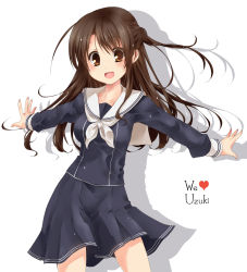 Rule 34 | 10s, 1girl, bad id, bad pixiv id, blush, brown hair, character name, collarbone, half updo, heart, highres, idolmaster, idolmaster cinderella girls, long hair, long sleeves, outstretched arms, paopao, school uniform, shadow, shimamura uzuki, side ponytail, skirt, solo, white background, yellow eyes