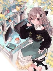 Rule 34 | 1girl, animal, bird, book, braid, chair, commentary, cup, desk, dress, floral print, flower, french braid, hair between eyes, hair ornament, holding, holding stylus, light brown hair, long hair, long sleeves, looking at viewer, monitor, nail polish bottle, office chair, original, saku nosuke, sitting, stylus, swivel chair, symbol-only commentary, tablet pc, yellow flower