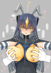 Rule 34 | ..., 1girl, antennae, blush, breasts, colored inner hair, covered navel, deep skin, disembodied limb, elbow gloves, gloves, grey background, grey hair, greyscale, groping, highres, huge breasts, long hair, man (man-room), monochrome, multicolored hair, navel, parted lips, personification, purple hair, solo focus, spoken ellipsis, translation request, ultra kaijuu gijinka keikaku, ultra series, upper body, zetton