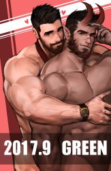 Rule 34 | 2boys, bara, beard, completely nude, connected beard, couple, cowboy shot, dark-skinned male, dark skin, dated, demon boy, demon horns, dopey (dopq), facial hair, full beard, heart, highres, horns, hug, hug from behind, interracial, large pectorals, looking at viewer, male focus, male pubic hair, mature male, monster boy, multiple boys, muscular, muscular male, nipples, nude, original, paid reward available, pectorals, pointy ears, pubic hair, red horns, seductive smile, short hair, smile, thick beard, thick eyebrows, watermark, yaoi